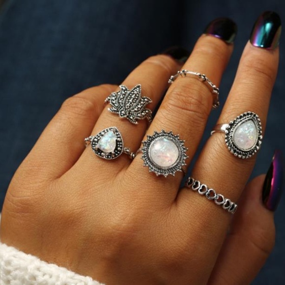 NEW 6pc white fire opal ring set - Picture 2 of 7